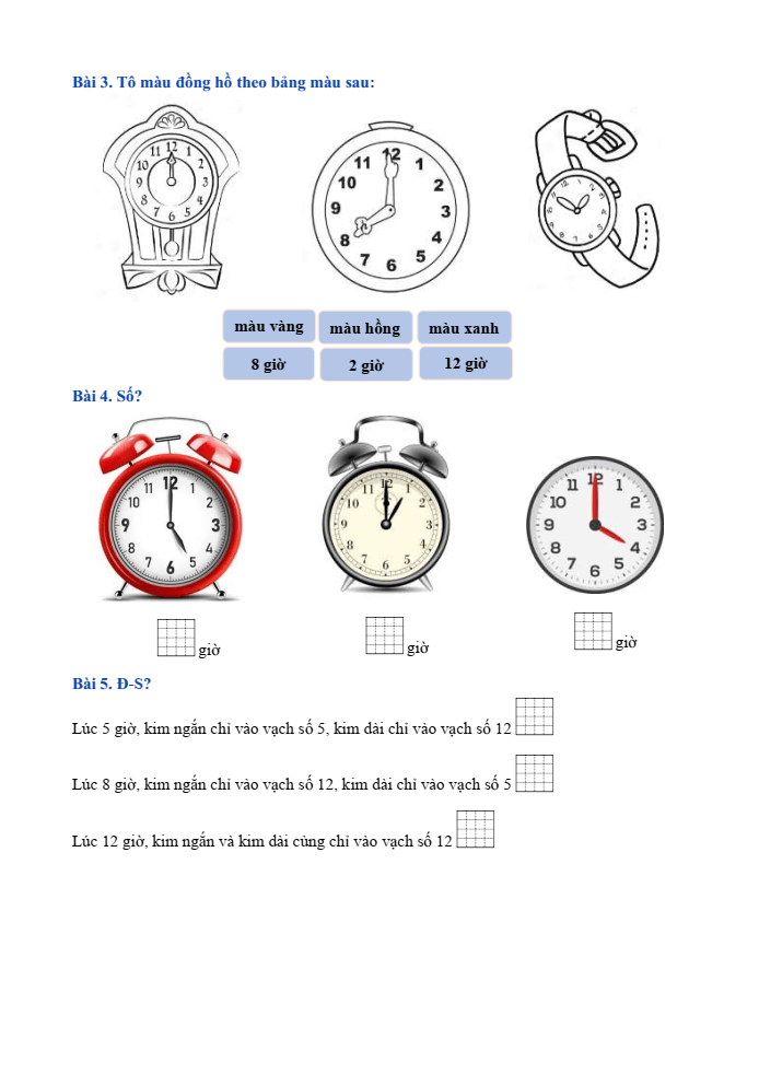 Bài tập hàng ngày Toán lớp 1 Bài 34: Xem giờ đúng trên đồng hồ | Kết nối tri thức