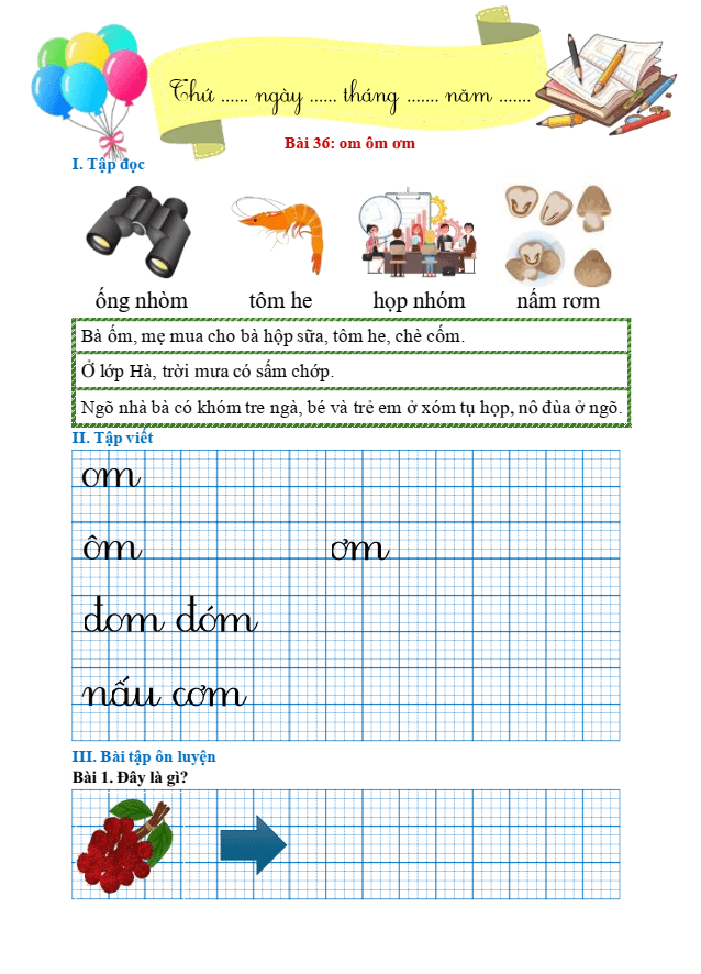 Bài tập hàng ngày Tiếng Việt lớp 1 Bài 36: om, ôm, ơm | Kết nối tri thức