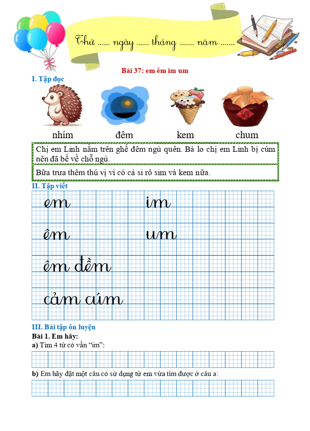 Bài tập hàng ngày Tiếng Việt lớp 1 Bài 37: em, êm, im, um | Kết nối tri thức