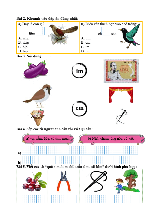 Bài tập hàng ngày Tiếng Việt lớp 1 Bài 37: em, êm, im, um | Kết nối tri thức