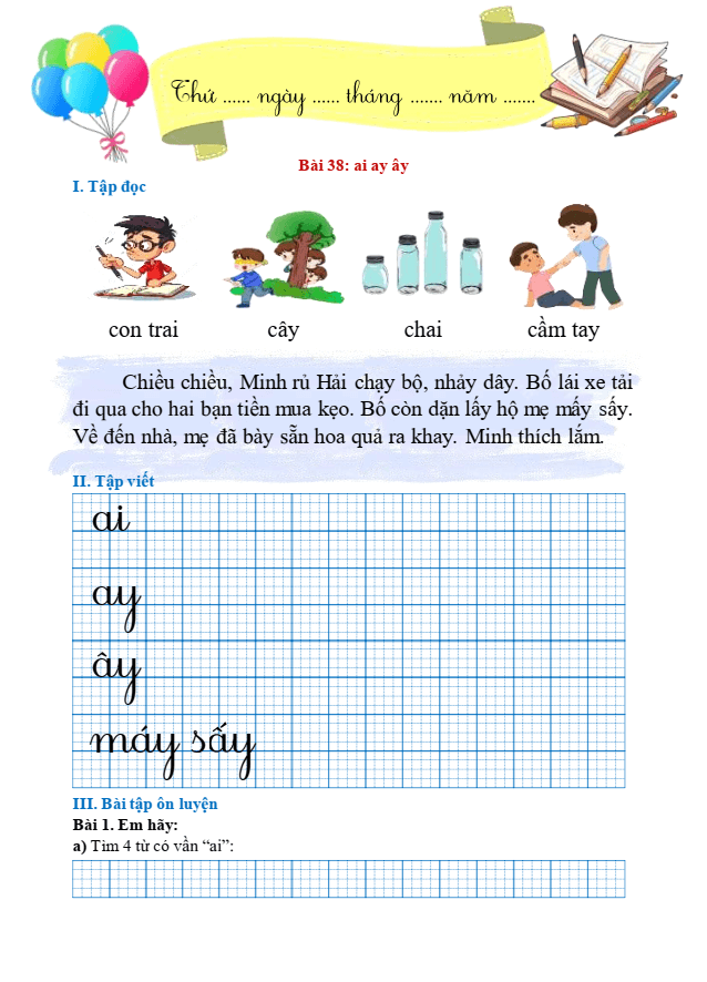 Bài tập hàng ngày Tiếng Việt lớp 1 Bài 38: ai, ay, ây | Kết nối tri thức