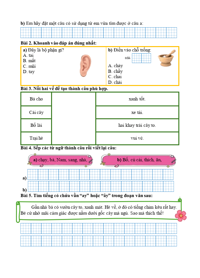 Bài tập hàng ngày Tiếng Việt lớp 1 Bài 38: ai, ay, ây | Kết nối tri thức