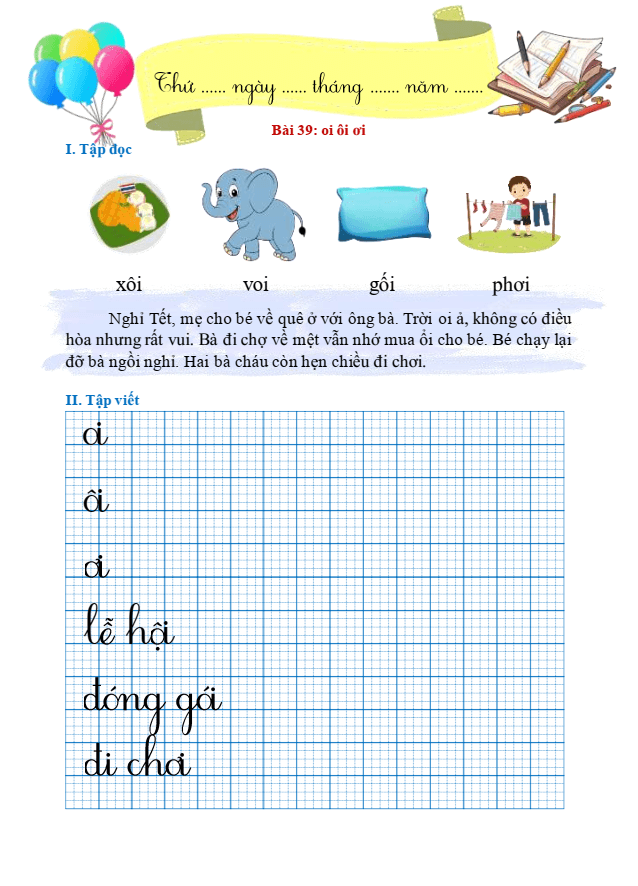 Bài tập hàng ngày Tiếng Việt lớp 1 Bài 39: oi, ôi, ơi | Kết nối tri thức