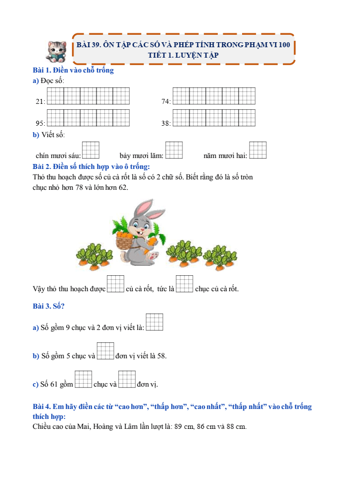 Bài tập hàng ngày Toán lớp 1 Bài 39: Ôn tập các số và phép tính trong phạm vi 100 | Kết nối tri thức