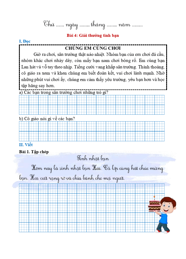 Bài tập hàng ngày Tiếng Việt lớp 1 Bài 4: Giải thưởng tình bạn | Kết nối tri thức