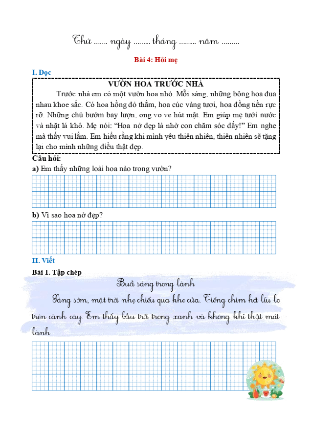 Bài tập hàng ngày Tiếng Việt lớp 1 Bài 4: Hỏi mẹ | Kết nối tri thức