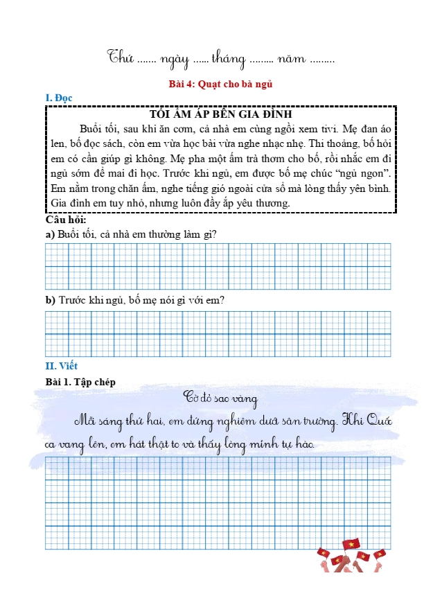 Bài tập hàng ngày Tiếng Việt lớp 1 Bài 4: Quạt cho bà ngủ | Kết nối tri thức