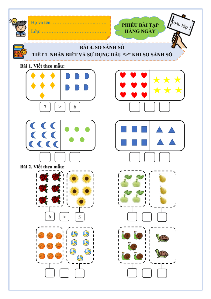Bài tập hàng ngày Toán lớp 1 Bài 4: So sánh số | Kết nối tri thức