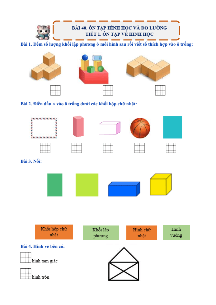 Bài tập hàng ngày Toán lớp 1 Bài 40: Ôn tập về hình học và đo lường | Kết nối tri thức