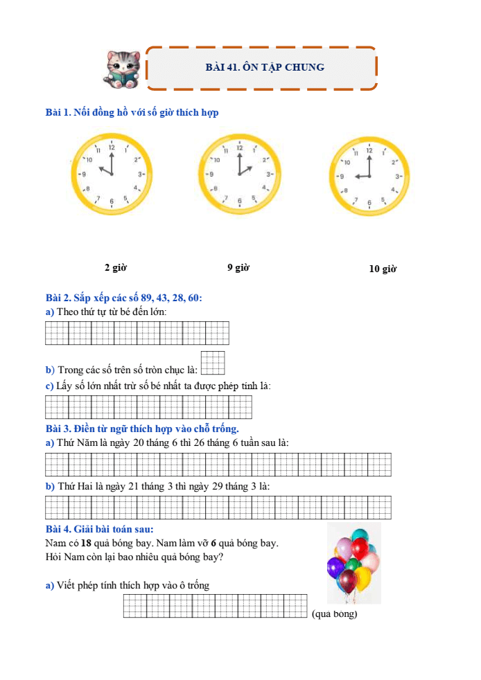 Bài tập hàng ngày Toán lớp 1 Bài 41: Ôn tập chung | Kết nối tri thức