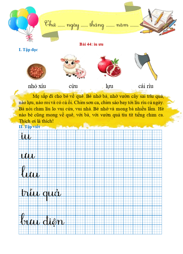 Bài tập hàng ngày Tiếng Việt lớp 1 Bài 44: iu, ưu | Kết nối tri thức