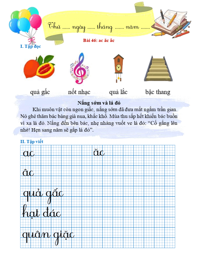 Bài tập hàng ngày Tiếng Việt lớp 1 Bài 46: ac, ăc, âc | Kết nối tri thức