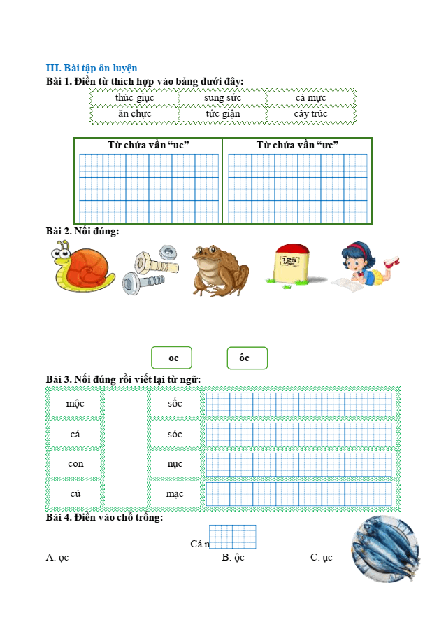 Bài tập hàng ngày Tiếng Việt lớp 1 Bài 47: oc, ôc, uc, ưc | Kết nối tri thức