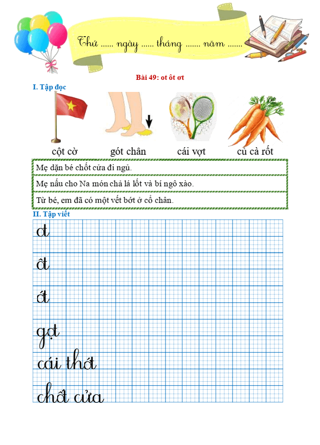 Bài tập hàng ngày Tiếng Việt lớp 1 Bài 49: ot, ôt, ơt | Kết nối tri thức