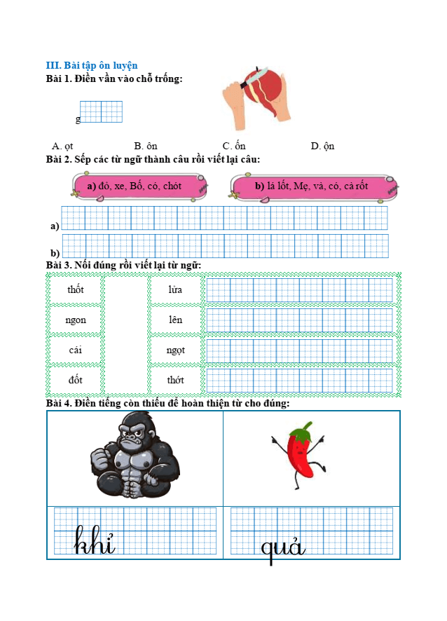 Bài tập hàng ngày Tiếng Việt lớp 1 Bài 49: ot, ôt, ơt | Kết nối tri thức