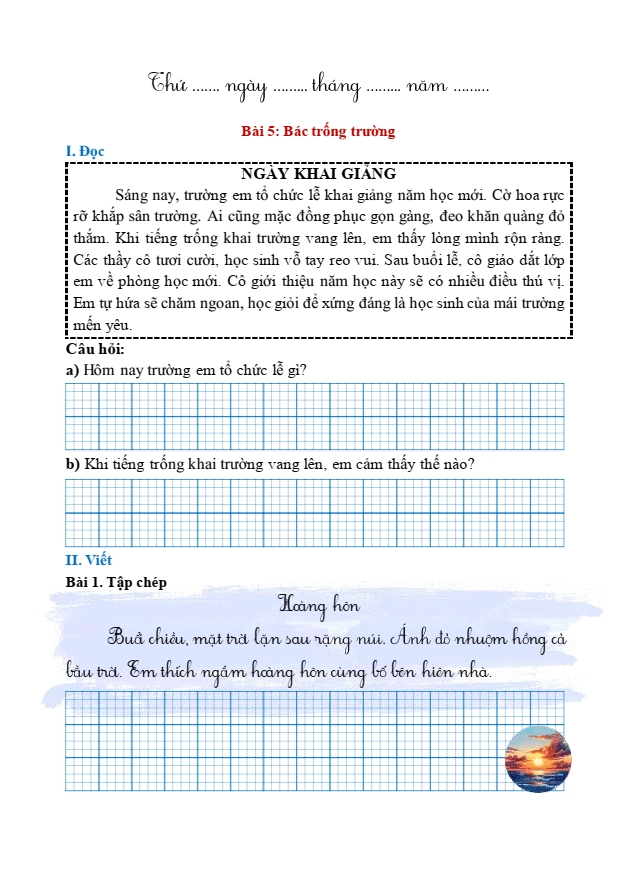 Bài tập hàng ngày Tiếng Việt lớp 1 Bài 5: Bác trống trường | Kết nối tri thức
