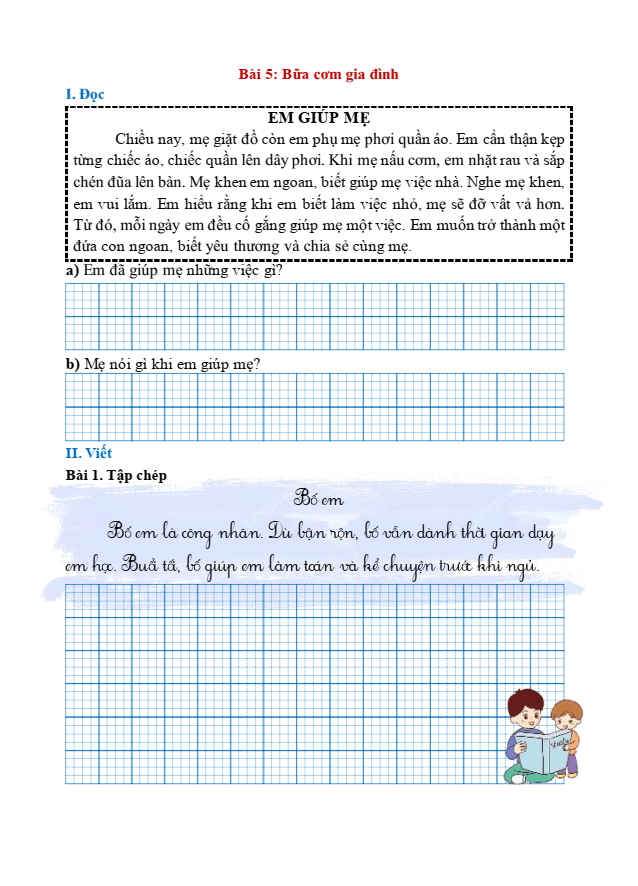 Bài tập hàng ngày Tiếng Việt lớp 1 Bài 5: Bữa cơm gia đình | Kết nối tri thức