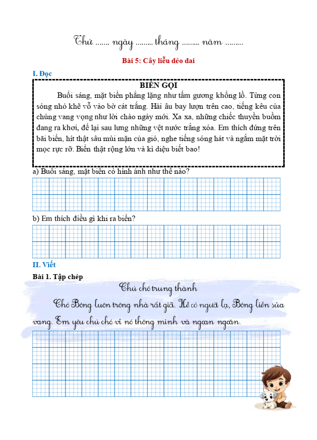 Bài tập hàng ngày Tiếng Việt lớp 1 Bài 5: Cây liễu dẻo dai | Kết nối tri thức