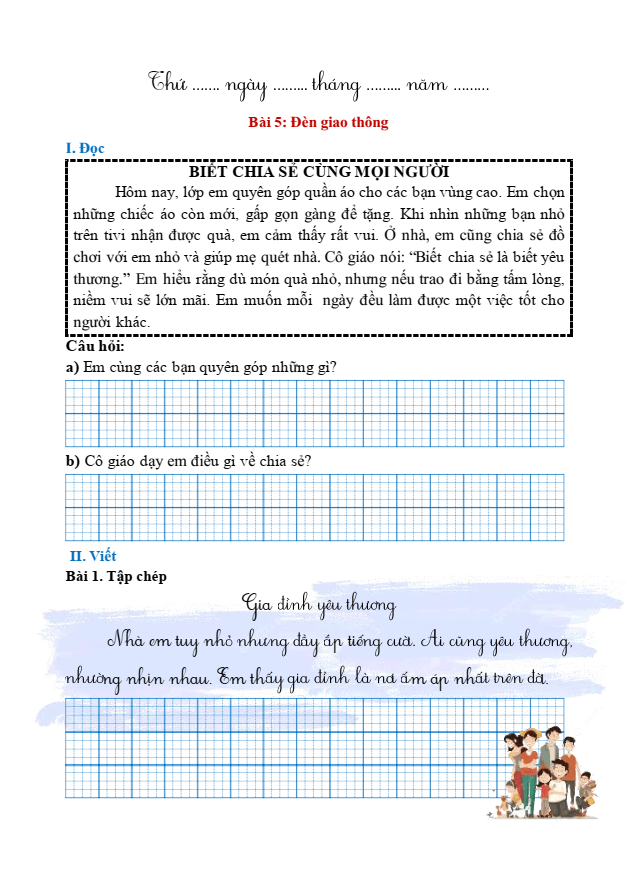 Bài tập hàng ngày Tiếng Việt lớp 1 Bài 5: Đèn giao thông | Kết nối tri thức