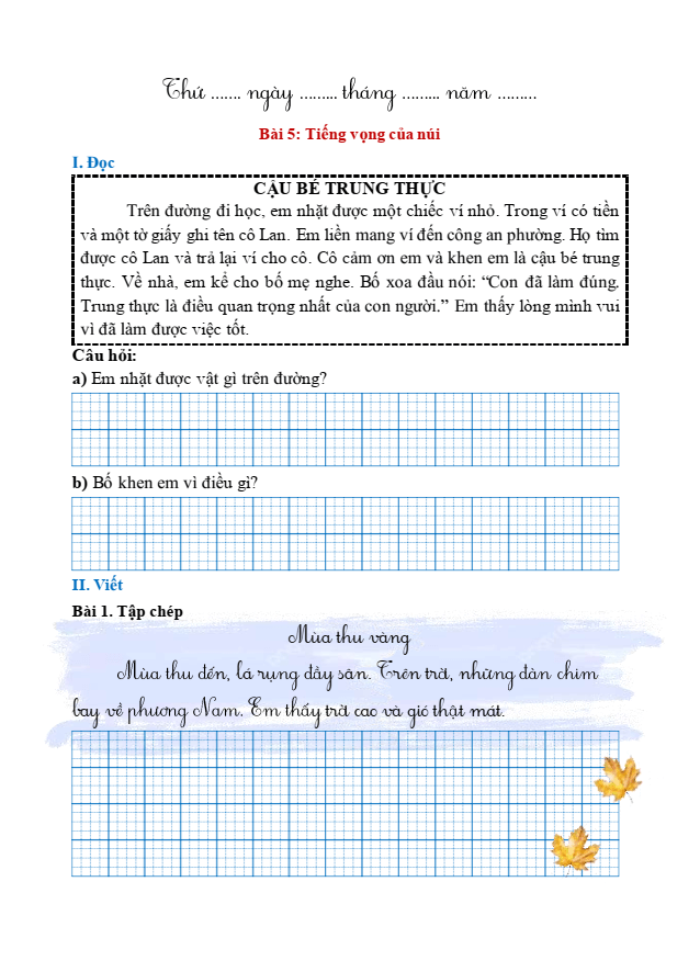 Bài tập hàng ngày Tiếng Việt lớp 1 Bài 5: Tiếng vọng của núi | Kết nối tri thức