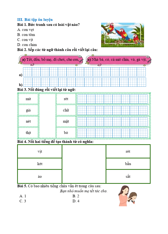 Bài tập hàng ngày Tiếng Việt lớp 1 Bài 51: et, êt, it | Kết nối tri thức