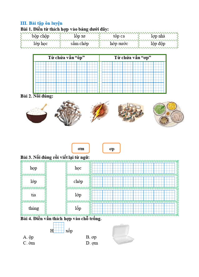 Bài tập hàng ngày Tiếng Việt lớp 1 Bài 54: op, ôp, ơp | Kết nối tri thức