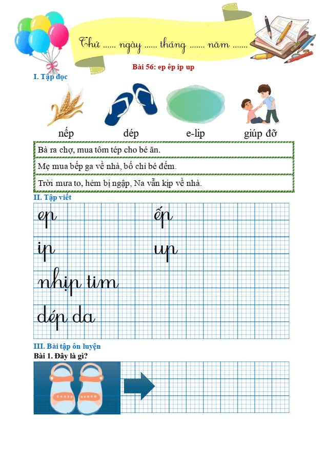 Bài tập hàng ngày Tiếng Việt lớp 1 Bài 56: ep, êp, ip, up | Kết nối tri thức