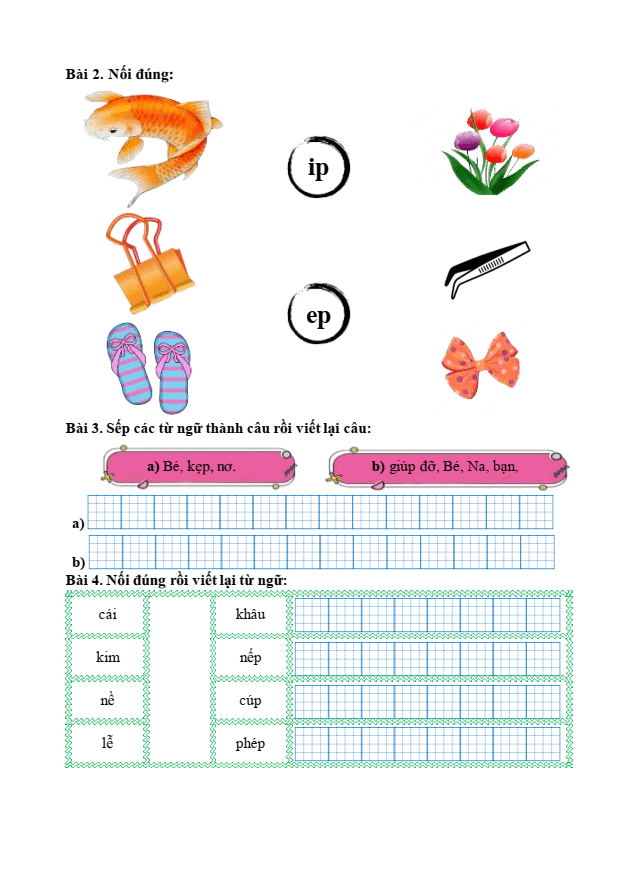 Bài tập hàng ngày Tiếng Việt lớp 1 Bài 56: ep, êp, ip, up | Kết nối tri thức