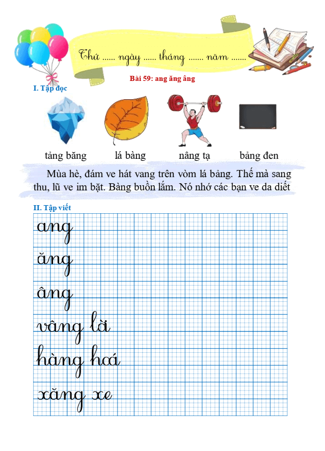 Bài tập hàng ngày Tiếng Việt lớp 1 Bài 59: ang, ăng, âng | Kết nối tri thức