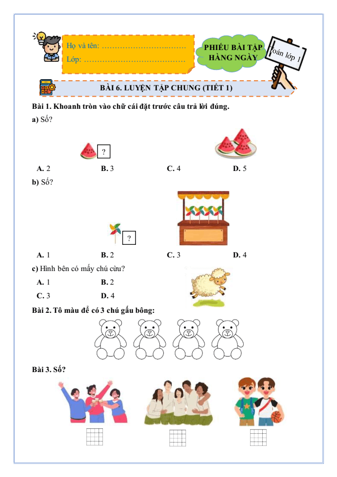 Bài tập hàng ngày Toán lớp 1 Bài 6: Luyện tập chung | Kết nối tri thức