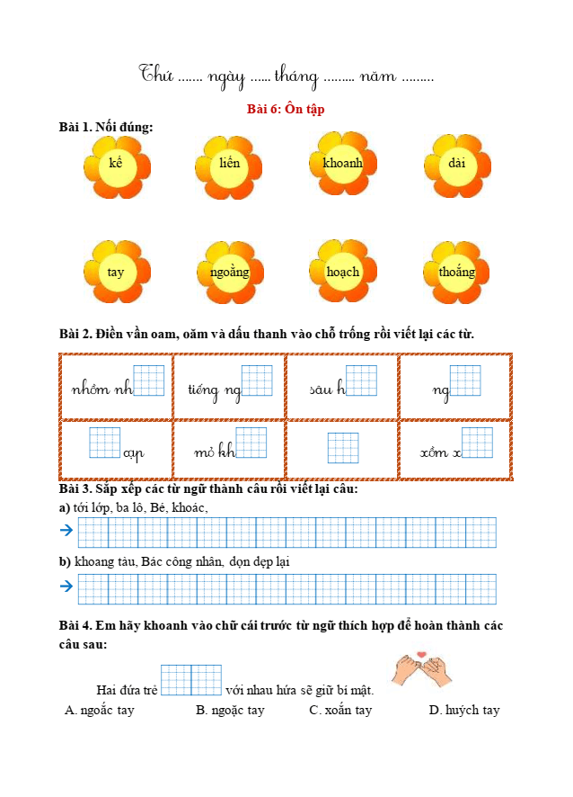 Bài tập hàng ngày Tiếng Việt lớp 1 Bài 6: Ôn tập trang 22 | Kết nối tri thức