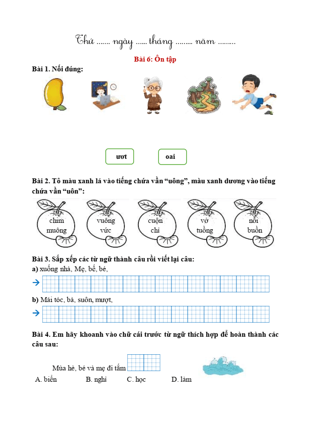 Bài tập hàng ngày Tiếng Việt lớp 1 Bài 6: Ôn tập trang 102 | Kết nối tri thức