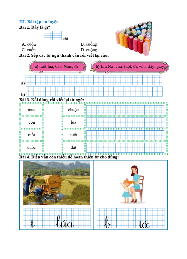 Bài tập hàng ngày Tiếng Việt lớp 1 Bài 67: uôc, uôt | Kết nối tri thức