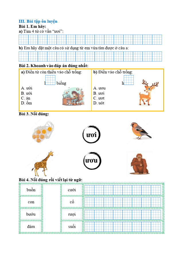 Bài tập hàng ngày Tiếng Việt lớp 1 Bài 69: ươi, ươu | Kết nối tri thức
