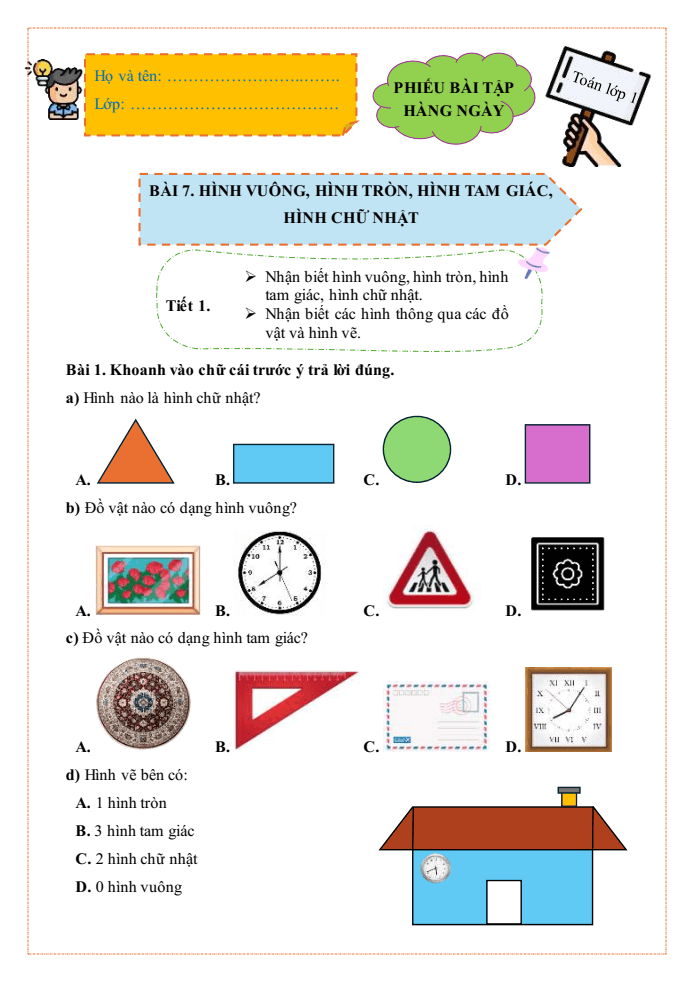 Bài tập hàng ngày Toán lớp 1 Bài 7: Hình vuông, hình tròn, hình tam giác, hình chữ nhật | Kết nối tri thức