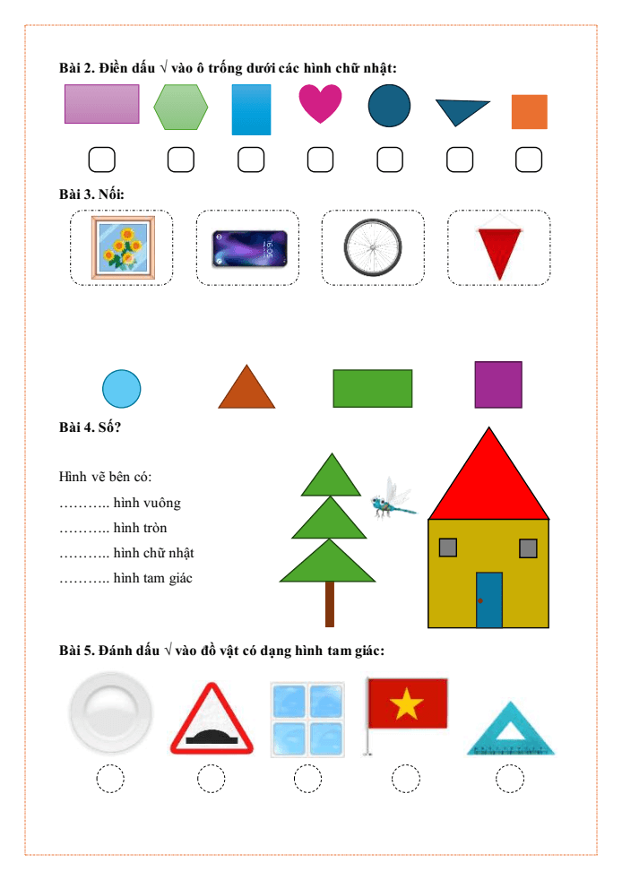 Bài tập hàng ngày Toán lớp 1 Bài 7: Hình vuông, hình tròn, hình tam giác, hình chữ nhật | Kết nối tri thức