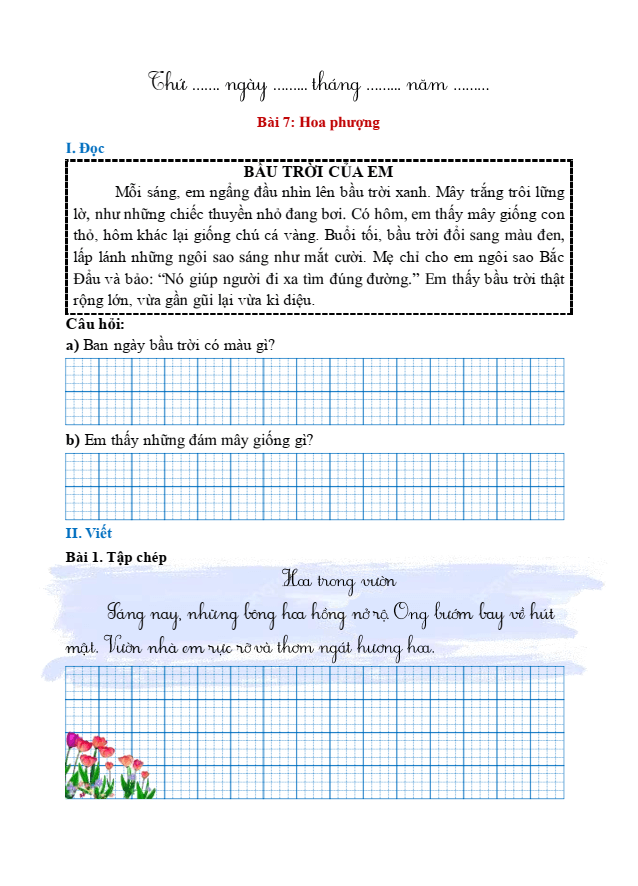 Bài tập hàng ngày Tiếng Việt lớp 1 Bài 7: Hoa phượng | Kết nối tri thức