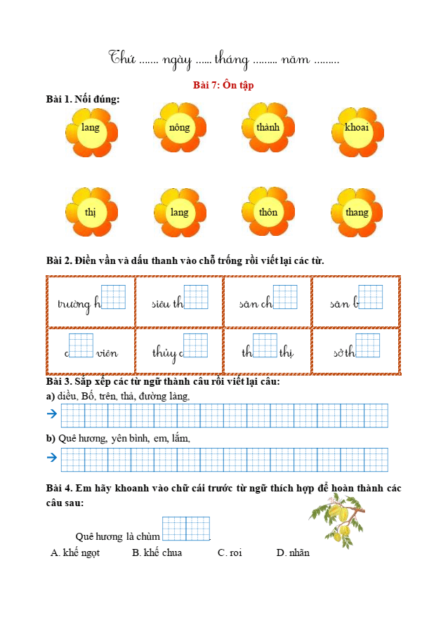 Bài tập hàng ngày Tiếng Việt lớp 1 Bài 7: Ôn tập trang 162 | Kết nối tri thức