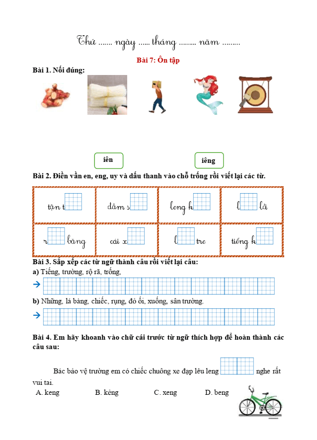 Bài tập hàng ngày Tiếng Việt lớp 1 Bài 7: Ôn tập trang 62 | Kết nối tri thức