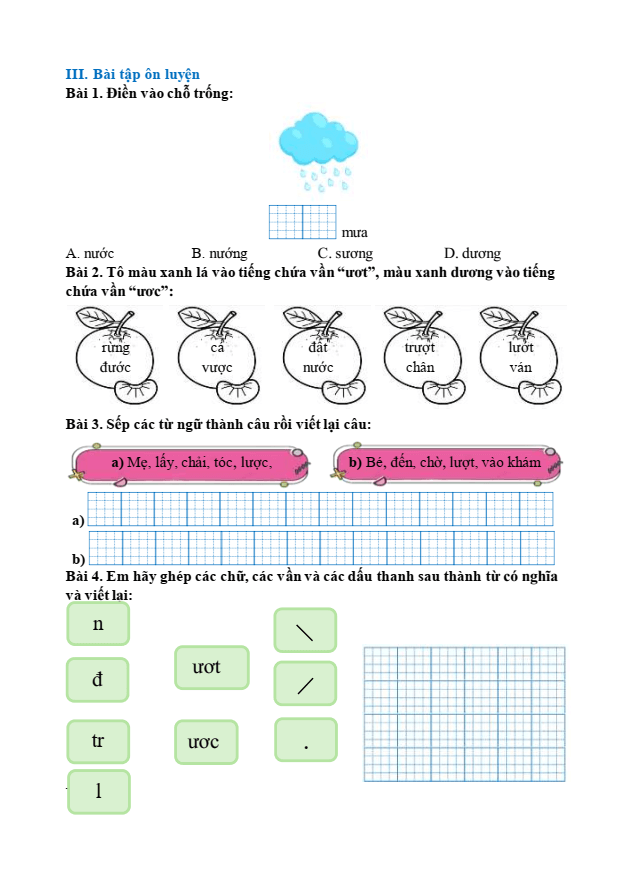 Bài tập hàng ngày Tiếng Việt lớp 1 Bài 71: ươc, ươt | Kết nối tri thức