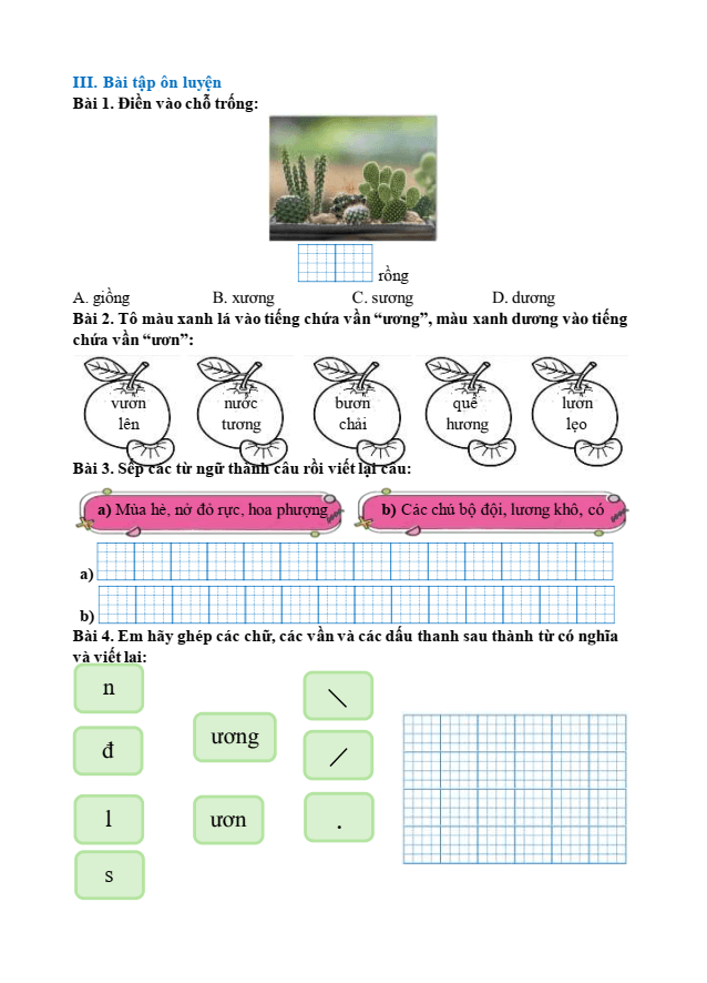 Bài tập hàng ngày Tiếng Việt lớp 1 Bài 73: ươn, ương | Kết nối tri thức