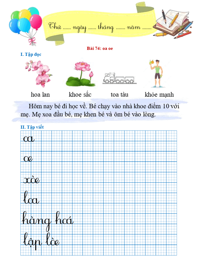 Bài tập hàng ngày Tiếng Việt lớp 1 Bài 74: oa, oe | Kết nối tri thức