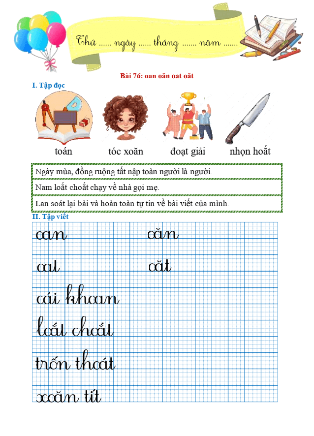 Bài tập hàng ngày Tiếng Việt lớp 1 Bài 76: oan, oăn, oat, oăt | Kết nối tri thức