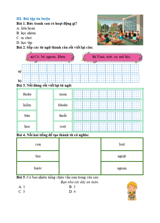 Bài tập hàng ngày Tiếng Việt lớp 1 Bài 76: oan, oăn, oat, oăt | Kết nối tri thức