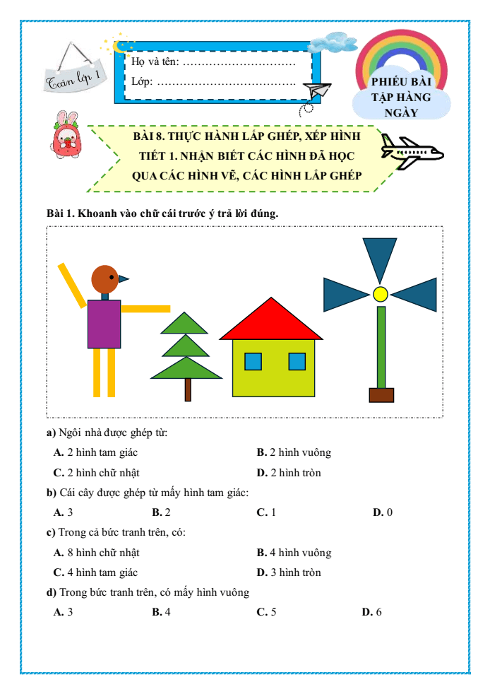 Bài tập hàng ngày Toán lớp 1 Bài 8: Thực hành lắp ghép, xếp hình | Kết nối tri thức