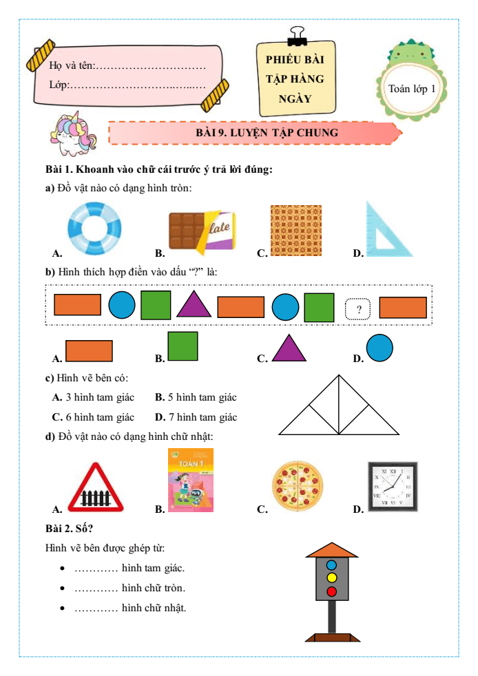 Bài tập hàng ngày Toán lớp 1 Bài 9: Luyện tập chung | Kết nối tri thức