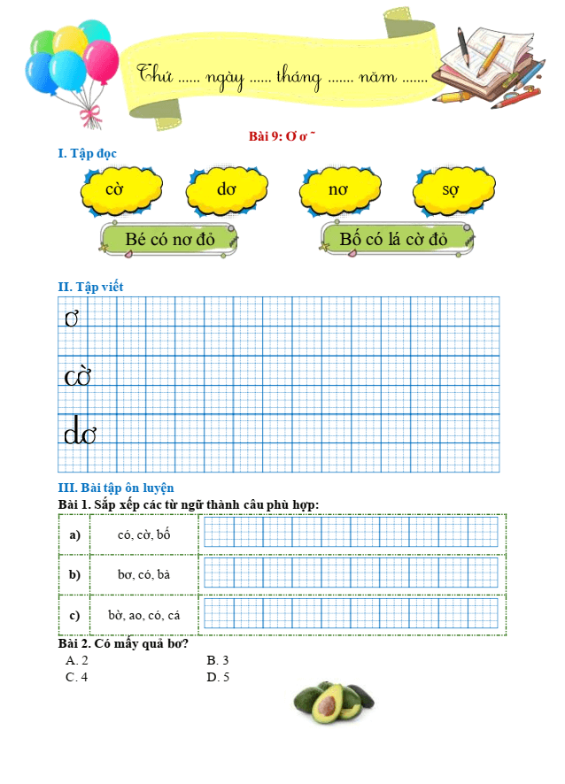 Bài tập hàng ngày Tiếng Việt lớp 1 Bài 9: Ơ, ơ, dấu ngã | Kết nối tri thức