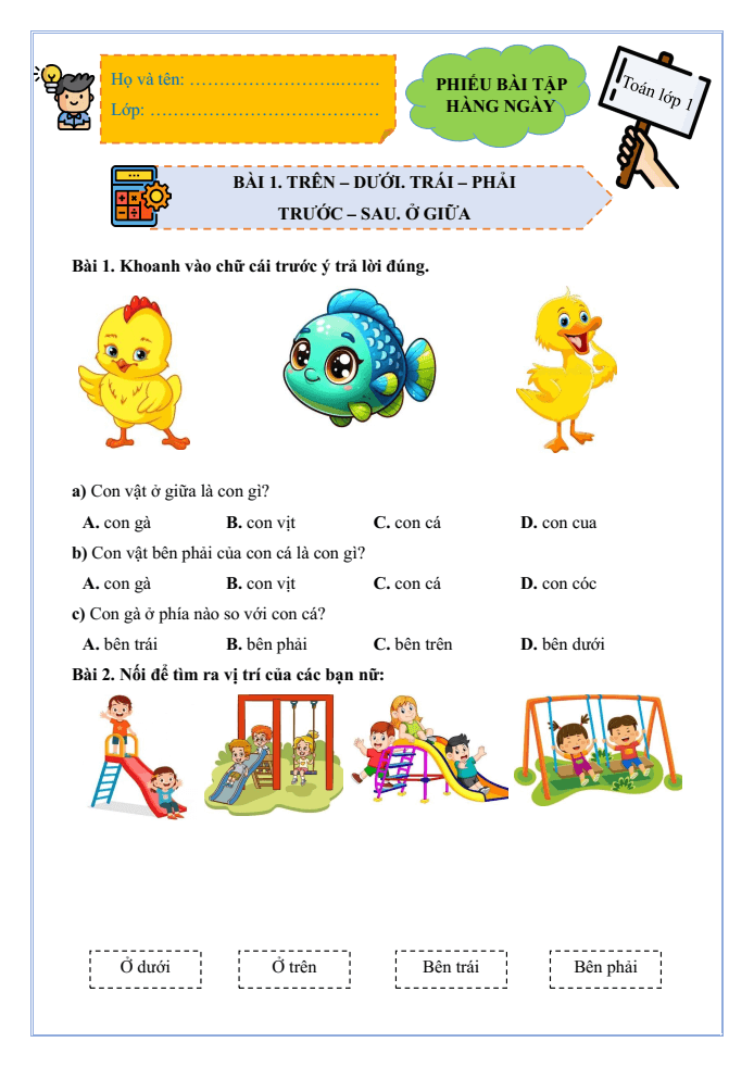 Bài tập hàng ngày Toán lớp 1 Cánh diều Học kì 1 (có lời giải)