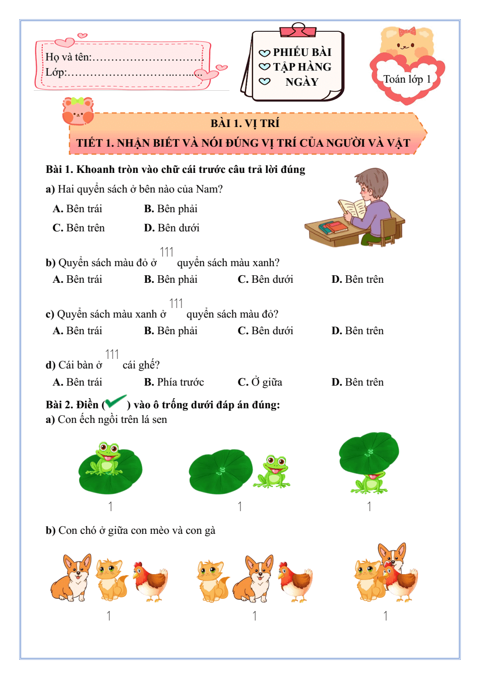 Bài tập hàng ngày Toán lớp 1 Chân trời sáng tạo Học kì 1 (có lời giải)