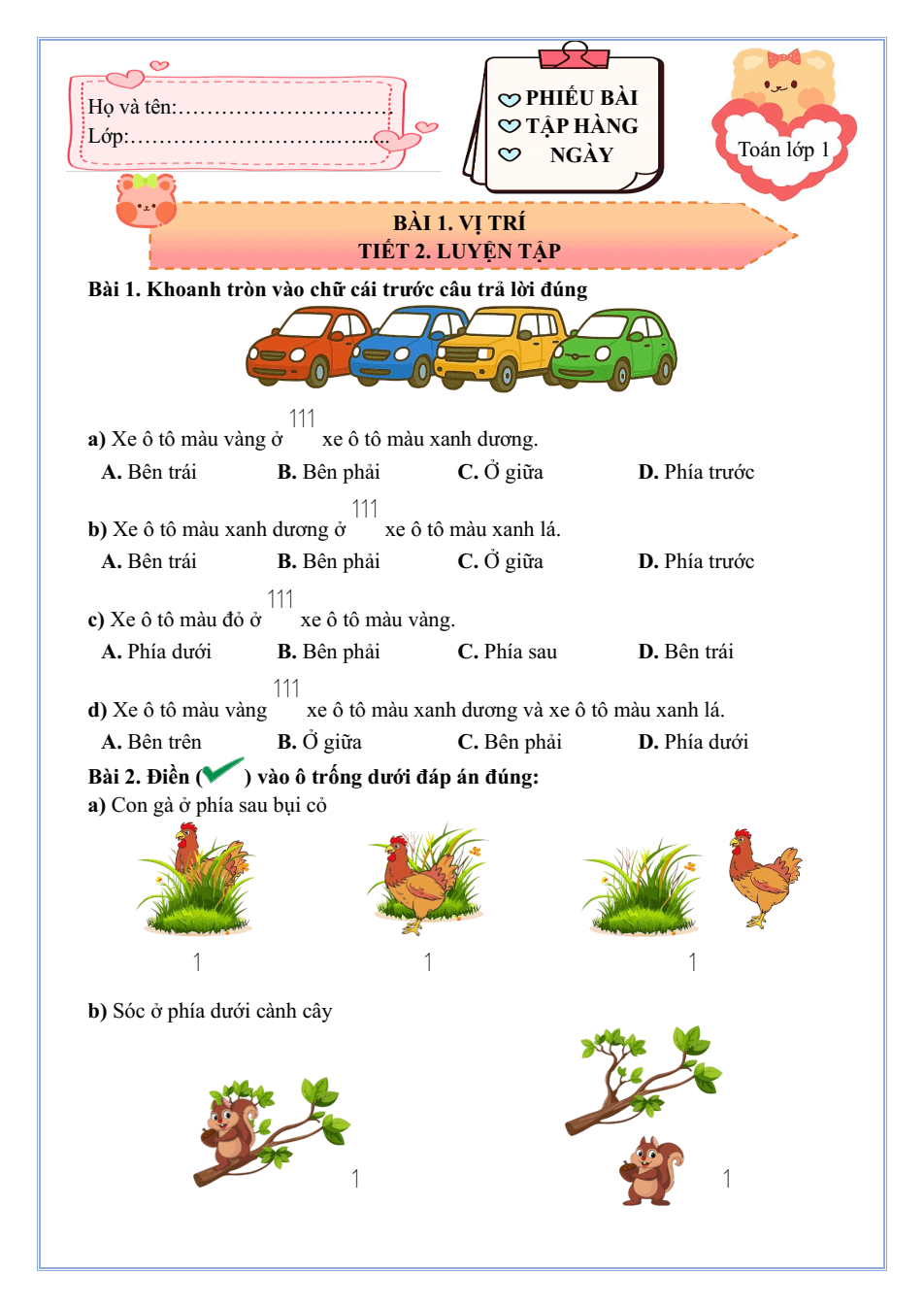 Bài tập hàng ngày Toán lớp 1 Chân trời sáng tạo Học kì 1 (có lời giải)